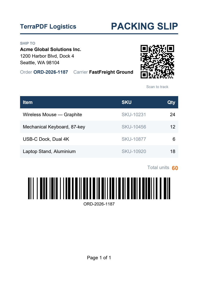The packing slip PDF generated by the code sample: a TerraPDF Logistics header, ship-to address with a QR tracking code, a shaded line-items table, and a Code128 barcode of the order number